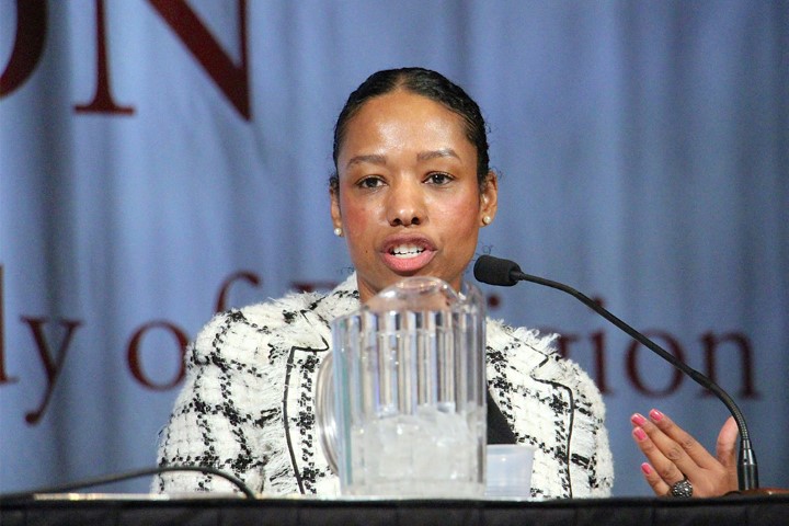 Larycia Hawkins, who teaches seminars in the religious studies and politics departments at the University of Virginia, speaks on a plenary panel titled “The Public Religion Scholar in a Social Media Age: Risks, Rewards, Reverberations” on Nov. 19, 2018, at the AAR annual meeting in Denver. RNS photo by Emily McFarlan Miller