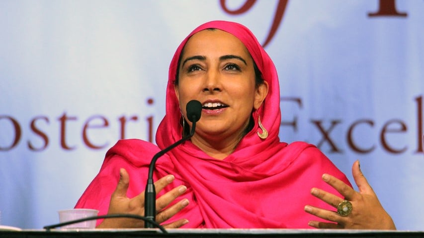 Najeeba Syeed, associate professor of interreligious education and senior adviser for Muslim relations at the Claremont School of Theology, speaks on a plenary panel titled “The Public Religion Scholar in a Social Media Age: Risks, Rewards, Reverberations” on Nov. 19, 2018, at the American Academy of Religion annual meeting in Denver. RNS photo by Emily McFarlan Miller