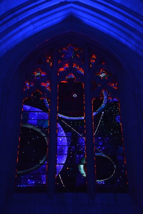 The “Space Window” of the Washington National Cathedral contains a piece of moon rock collected during Apollo 11. RNS photo by Jack Jenkins