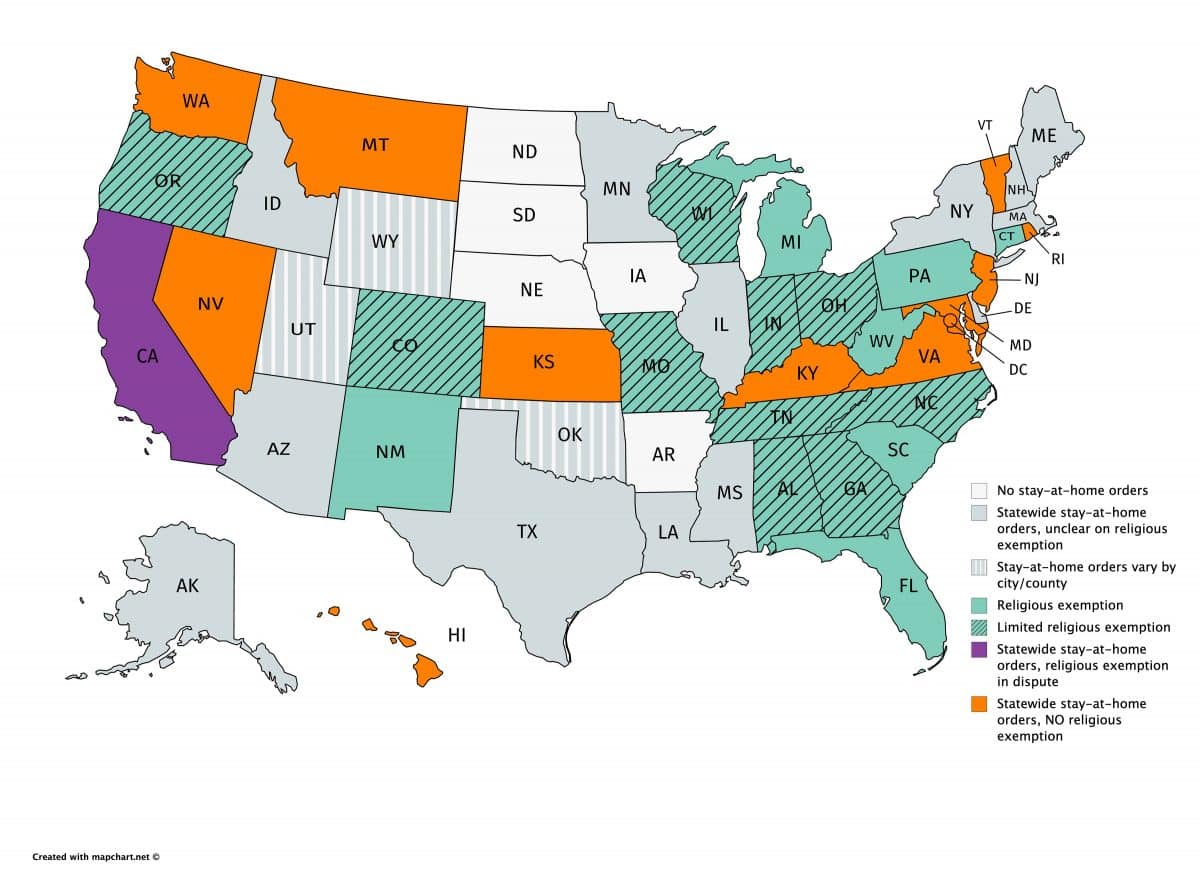 United States map of religious exemption