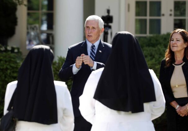 Vice President Mike Pence speaks to attendees after a White House National Day of Prayer Service