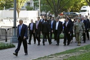 Donald Trump walks in Lafayette Park